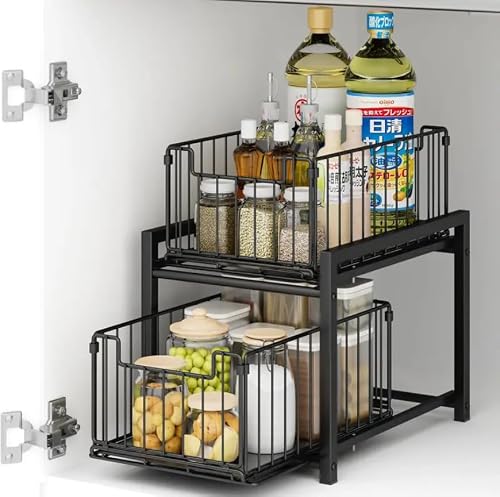 2-Tier Under Cabinet Pull-Out Basket Organizer, Heavy Duty Wire Storage Shelf with Slide-Out Drawers, Hanging Under Shelf Kitchen Organizer for Spice Bottles Jars and Condiments