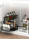 2-Tier Under Sink Organizer, Adjustable L-Shape Pull Out Cabinet Organizer, Sliding Drawer Storage Rack for Kitchen Bathroom, Black