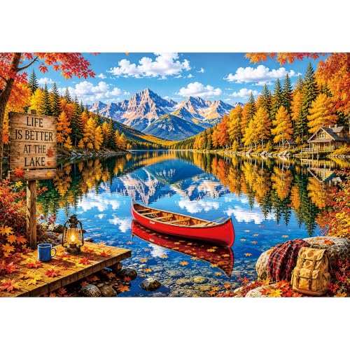 2000 Piece Jigsaw Puzzle for Adults – Autumn Mountain Lake Scene with Red Canoe, Forest, Cabin, Snowy Peaks and Scenic Wilderness Landscape Artwork, Challenging Puzzle Gift, 39 x 28 in