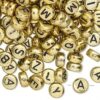 200 Gold Acrylic 2 Sided Alphabet 6.5mm Coin Beads with Black Letters 1mm Hole