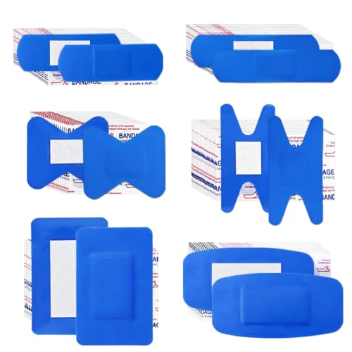 200Pcs 6 Shapes Blue Metal Detectable Waterproof Bandages, PE Material Wound Strips,Food Service Sterile Breathable Bandaids,Adhesive Bandages for First Aid Skin Wound Protection Care (Blue, 200)