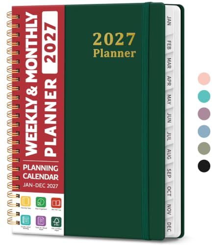 2027 Planner, Weekly and Monthly Calendar Planner, January 2027 - December 2027, Hardcover 2027 Calendar Book with Tabs For Women & Men, Inner Pocket, Spiral Bound, Perfect for Office Home School Supplies, A5 (6.3" x 8.5"), Dark Green