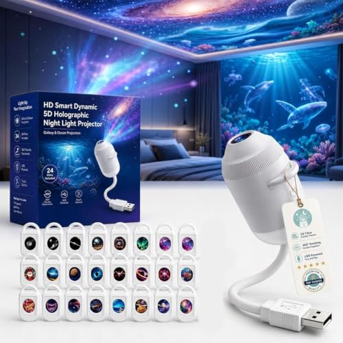 2027 Upgrade 5D Dynamic Holographic Galaxy Star Projector Night Light, 24 HD Films 360° Adjustable 2-in-1 Starry Sky Projection Lamp, Plug and Play USB Powered Hologram Projector for Bedroom
