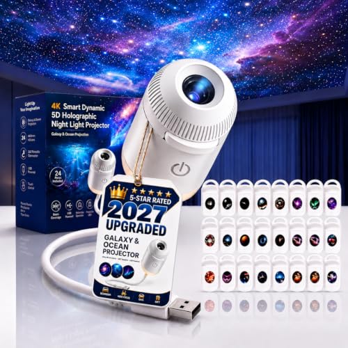 2027 Upgraded Hd Smart Dynamic 5d Holographic Night Light Projector, Plug and Play Hd Star Projector, 360° Adjustable Hd Galaxy and Ocean Projector for Bedroom Ceiling (24 Projection Films)