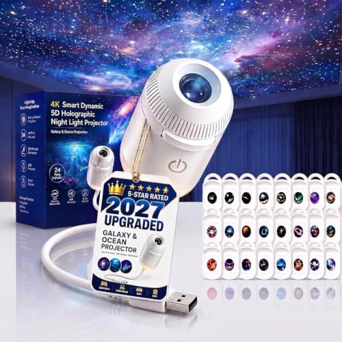 2027 Upgraded Hd Smart Dynamic 5d Holographic Night Light Projector, Plug and Play Hd Star Projector, 360° Adjustable Galaxy and Ocean for Bedroom Ceiling(24 Projection Films)