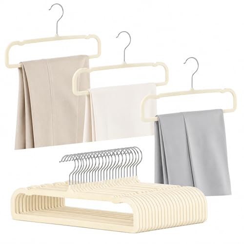 20 PCS Velvet Pants Hangers, Flocked Hangers with Side Grooves, Slim Pant Hanger with Metal Swivel Hook for Jeans, Trousers, Scarves, Tank Top, Bra, Dresses, Closet Organization