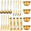 20 Piece Charcuterie Board Serving Set, Stainless Steel Flatware in Gold, Includes Spoons, Forks, Butter Knives, Clips, and Bowls, for Parties, Picnics, Barbecues, Dining, Everyday Meals