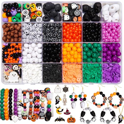 2100+PCS Halloween Beads Kit for Jewelry Making, Spooky DIY Crafts with Clay Charms Acrylic Rounds Pearls Pumpkin Skull Beads Ghost Witch Hat Bat Charms DIY Halloween Bracelets Necklace Earrings Craft
