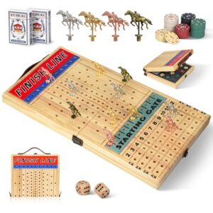 21 Inches Horse Racing Game, Horse Race Board Games with 11 Luxury Metal Horses,Thickened Wood Chessboard,Chips,Cards and Dice, Classic Wooden Table Top Board Games for Adults and Family