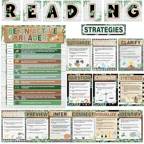 21pcs Reading Strategies Posters Reading Bulletin Board Decoration Read Corner Posters Farmhouse Bulletin Board Decorations for Elementary Middle High School Library Wall Decor Teacher Supplies