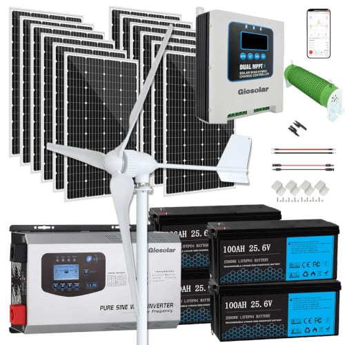 2440W Hybrid Solar Wind Power System Complete Kit: 12pcs 120W Mono Solar Panel + 1000W Wind Turbine + 4pcs 100Ah 25.6V LiFePO4 Battery + 3000W LF Inverter + Dual MPPT Wind Solar Hybrid Controller