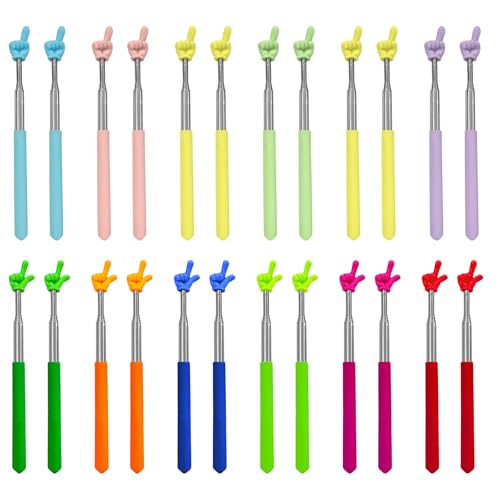 24 Pcs Finger Pointer Sticks, Telescopic Teacher Pointer for Classroom, Extendable to 27 in, Colorful Hand Design, Lightweight Reading Teaching Supplies, Easy to Carry for Presentations
