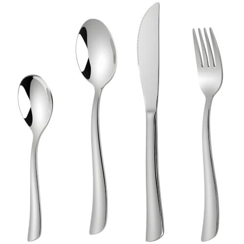 24 Pcs Stainless Steel Silverware Set, Heavy Duty Steak Knife Fork Spoon Set, 304 Dishwasher Safe Utensils, Ergonomic Curved Handle, Mirror Polished Dining Cutlery for Home and Daily Use