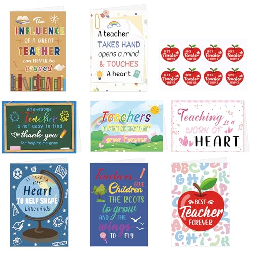 24 PCS Teacher Appreciation Cards 8 Designs Teacher Thank You Cards with Envelopes and Stickers 4x6”Blank Teachers Appreciation Cards Bulk Student for End of Year Graduation Teacher Appreciation Week