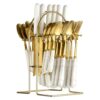 24 Pcs White Gold Cutlery Set with Holder, 304 Stainless Steel Flatware Service for 6, Ceramic Handle Spoon Fork Knife with Mirror Polished Finish, Mirror Shine Dinnerware, Rustproof Kitchen Dining