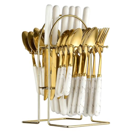 24 Pcs White Gold Cutlery Set with Holder, 304 Stainless Steel Flatware Service for 6, Ceramic Handle Spoon Fork Knife with Mirror Polished Finish, Mirror Shine Dinnerware, Rustproof Kitchen Dining