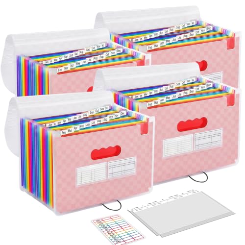 25 Pockets Accordion File Organizer, Expanding File Folder, Portable Monthly Paper Bill Tax Receipt Organizer, Home Office Document Holder with Labels, Letter/A4 Size White 4 Pack