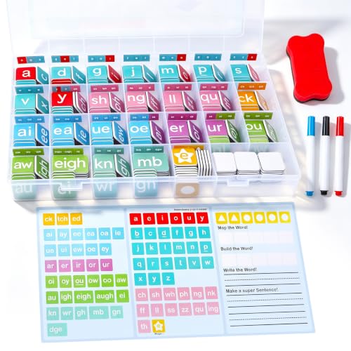 265 Phonics Magnetic Letter Tiles, Magnetic Phonics Kit, ABC Letters with Erasable Marker, Word-Building Folder with Dry Erase Board, Storage Case & Blank Tiles, Preschool Pre k Classroom Materials