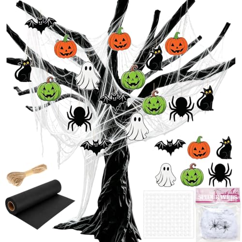26 Pcs DIY Halloween Classroom Tree Bulletin Board Decor Set 3D Black Halloween Tree Decorations Bat Pumpkin Cat Ghost Spider Black Kraft Paper Roll Spider Web for Indoor Home Decor