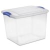 27 Quart Medium Latching Storage Bin, Clear Plastic Storage Container with Blue Latch Lid, Stackable Organizer Box for Closet Pantry Garage Organization