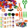 291Pcs Halloween Sensory Bin Filler Fine Motor Toys Counting Sorting Toys Colorful Pom Poms Resin Figurines Sorting Cups Tweezers Scissors Clips Storage Box for Preschool Education Activities