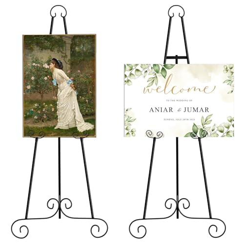 2 Pack 46'' Metal Round Tube Scroll Display Easel, Classic Black Decorative Large Adjustable Floor Standing Easel with Chain Support, Perfect for Showcasing Pictures, Artwork, Wedding Sign Etc