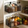 2 Pack Black Wire Cabinet Door Storage Baskets with 6 Adhesive Hooks, No Drill Wall Mounted Holder, Space Saving Pantry Organizer for Kitchen, Bathroom, Under Sink, 10.2 x 5.91 x 5.12 in