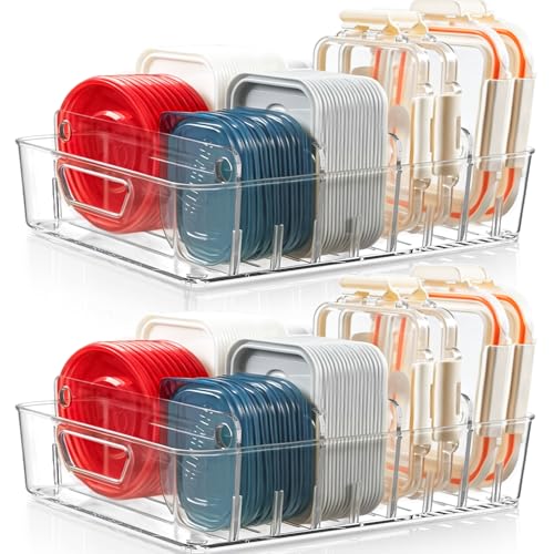 2 PACK Kitchen Cabinet Organizer for Food Contanier Lid, Clear Plastic Lid Holder with Adjustable Dividers for Pantry Organizers and Storage, Lid Storage Organizer for Home Drawer Organization