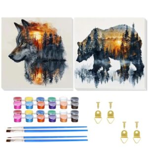 2 Pack Paint by Number for Adults Beginner, Bear Painting by Number Kit, Wolf Easy Acrylic Painting by Number on Canvas, Animal Paint by Numbers for Home Wall Art Decor with frame (11.8x11.8Inch)