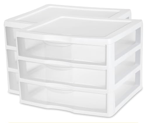 2 Pack White Wide 3 Drawer Storage Organizer Unit, Clear Transparent Drawer Cabinet, Countertop & Desktop Storage for Makeup, Office Supplies, Bathroom Toiletries and Craft Accessories