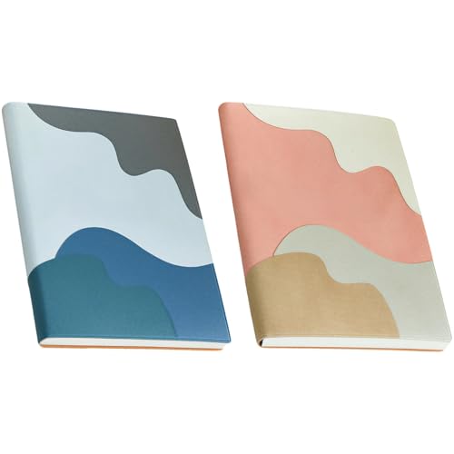 2 Pcs A5 Journal Notebook Set, Wave Design PU Leather Cover, 192 Pages Thick Journal, 100 gsm Paper, Lined Student Notebooks for Office School Writing, 8.2 x 5.7 in Portable Size