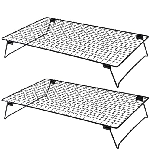 2 Pcs Cooling Racks, Foldable Carbon Steel Cake Racks for Cooling and Baking, with Legs, Square Grid Design for Even Heat Distribution, Versatile Kitchen Tool for Cookies, Cakes, Bread