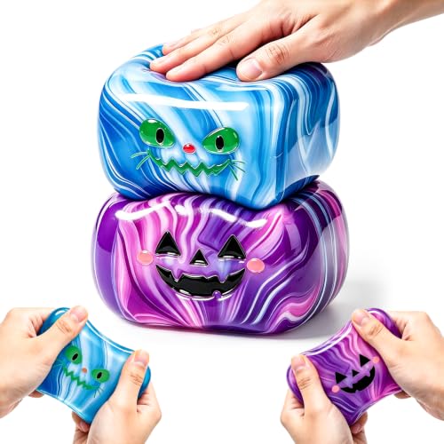2Pcs Halloween Spooky Expressions Stress Cube, Squishies Slow Rising Stress Balls for Adults, Fidget Toys for Anxiety Relief, Suitable for Horror-Themed, Halloween and Party Favours