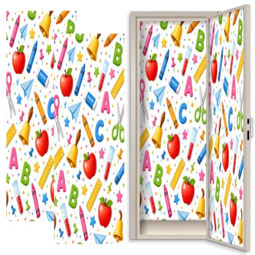 2 Pcs Locker Magnetic Wallpaper Colorful School Supplies Apples Crayons Bells White 12" x 36" Wall Magnetic Sticker Removable Locker Accessories for Girls Boys School Office Home