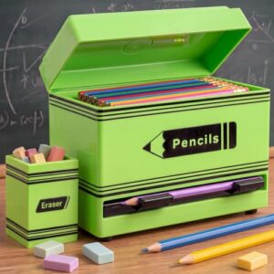 2 Pcs Plastic Pencil Dispenser for Classroom with Wood Eraser Holder,Green
