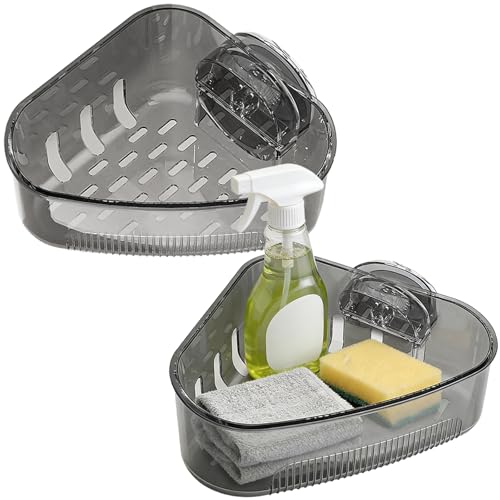 2 Pcs Suction Cup Sink Corner Rack for Kitchen Sink, Transparent Black Sink Strainer Basket with Drainage Holes, Space Saving Corner Shelf, Easy to Install, Kitchen Sponge Holder Set
