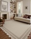 2'x2' Hand Tufted Wool Area Rug – Soft, Fluffy, Foldable & Cozy Scalloped & Striped Wool Carpet for Living Room, Bedroom, Nursery & Beach House Decor