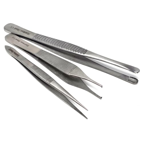3-Piece Craft Tweezers Set, Stainless Steel Precision Tweezers for Small Parts, Model Building, Gundam, Miniatures, 3D Resin & Electronics Repair, Multipurpose Serrated Hobby Tools