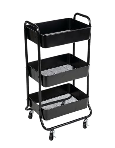 3-Tier Rich Black Metal Utility Cart, Rolling Mobile Storage Trolley With Lockable Smooth Casters, Multi-Functional Layered Organizer For Laundry Room, Bathroom, Kitchen, Office & Home Organization