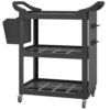 3-Tier Rolling Tool Cart with Side Shelf, Hooks & Storage Bucket, Plastic Utility Cart with Wheels, 200 lb Capacity (Black)