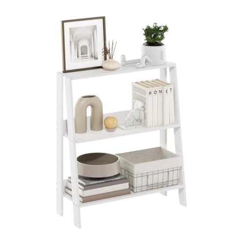 3-Tier White Ladder Display Bookcase, Angled A-Frame Composite Wood Storage Shelf, Slim Vertical Tiered Rack Easy Assembly For Living Room Bedroom Home Office Small Corner Decor & Book Organizer