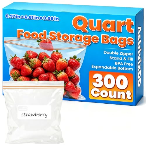 300 Count Quart Food Storage Bags, Reclosable Quart Bags with Double Zipper Seal, Plastic Food Storage Bags for Meat, Vegetables, Fruits, Sandwich,Snack,Stand-Up Bottom