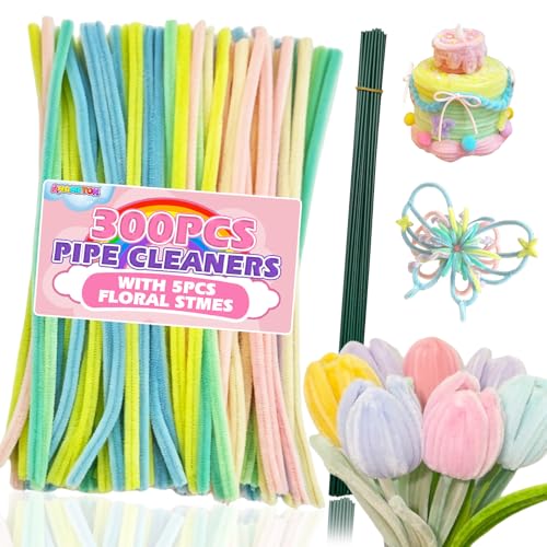 300 Macaron Pipe Cleaners Flower Making Kit with 5 Flower Stem Wires, 1 Greeting Card & Tutorial Card – DIY Chenille Stems Bouquet Craft Set, Craft Supplies, DIY Arts & Crafts for Adults & Kids
