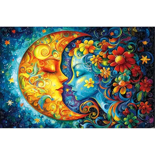 300 Piece Puzzle for Adults Fantasy Sun Moon Flower Face Art Colorful Beautiful Floral Jigsaw Puzzle with Letters on Back Perfect Family Challenge & Game Night Ideal for Adults Seniors (17x11 Inch)