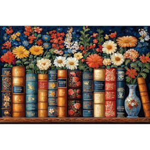 300 Piece Puzzle for Adults Vintage Books and Vibrant Flowers Jigsaw Puzzle Fun Colorful Nature Classic Library Design Puzzle with Letters on Back for Seniors Ideal Holiday