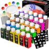 30 Colors Permanent Fabric Paint (2oz/60ml) with Brushes, Palette, Stencils