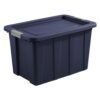 30 Gallon Dark Blue Heavy Duty Storage Bin, Rugged Cold & Impact Resistant Polyethylene Tote With Latching Lid, Stackable Large Capacity Plastic Container For Garage, Basement, Tools And Camping Gear