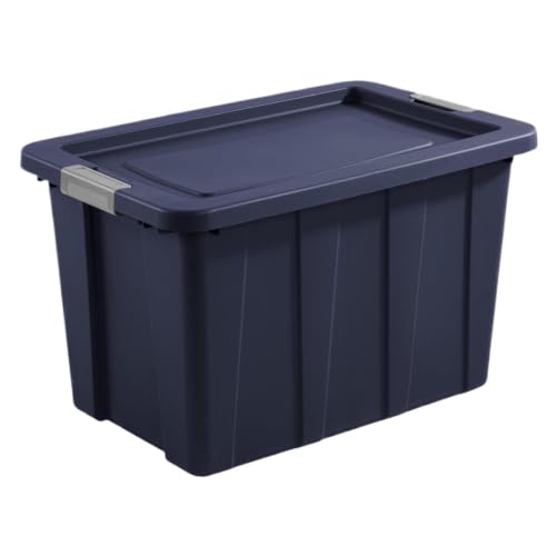 30 Gallon Dark Blue Heavy Duty Storage Bin, Rugged Cold & Impact Resistant Polyethylene Tote With Latching Lid, Stackable Large Capacity Plastic Container For Garage, Basement, Tools And Camping Gear
