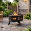 30 Inch Outdoor Wood Burning Fire Pit, Heavy Duty Wrought Iron Firepit with Spark Screen & Lift Ring, Black Patio Fire Bowl for Backyard, Garden, Backyard Fire Pit, Decorative Bear Garden Bonfire Bowl