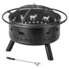 30 Inch Round Outdoor Fire Pit, Heavy Duty Wrought Iron Firepit with Hinged Spark Screen Lid & Lift Ring, Decorative Elk Cutout Patio Fire Pit for Backyard, Garden, Lawn and Camping, Black